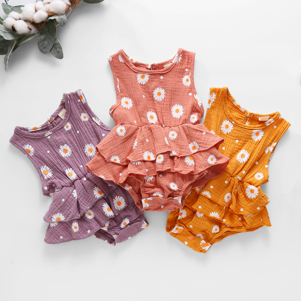 

Baby Daisy Print Short-sleeve Ruffle Dress Romper