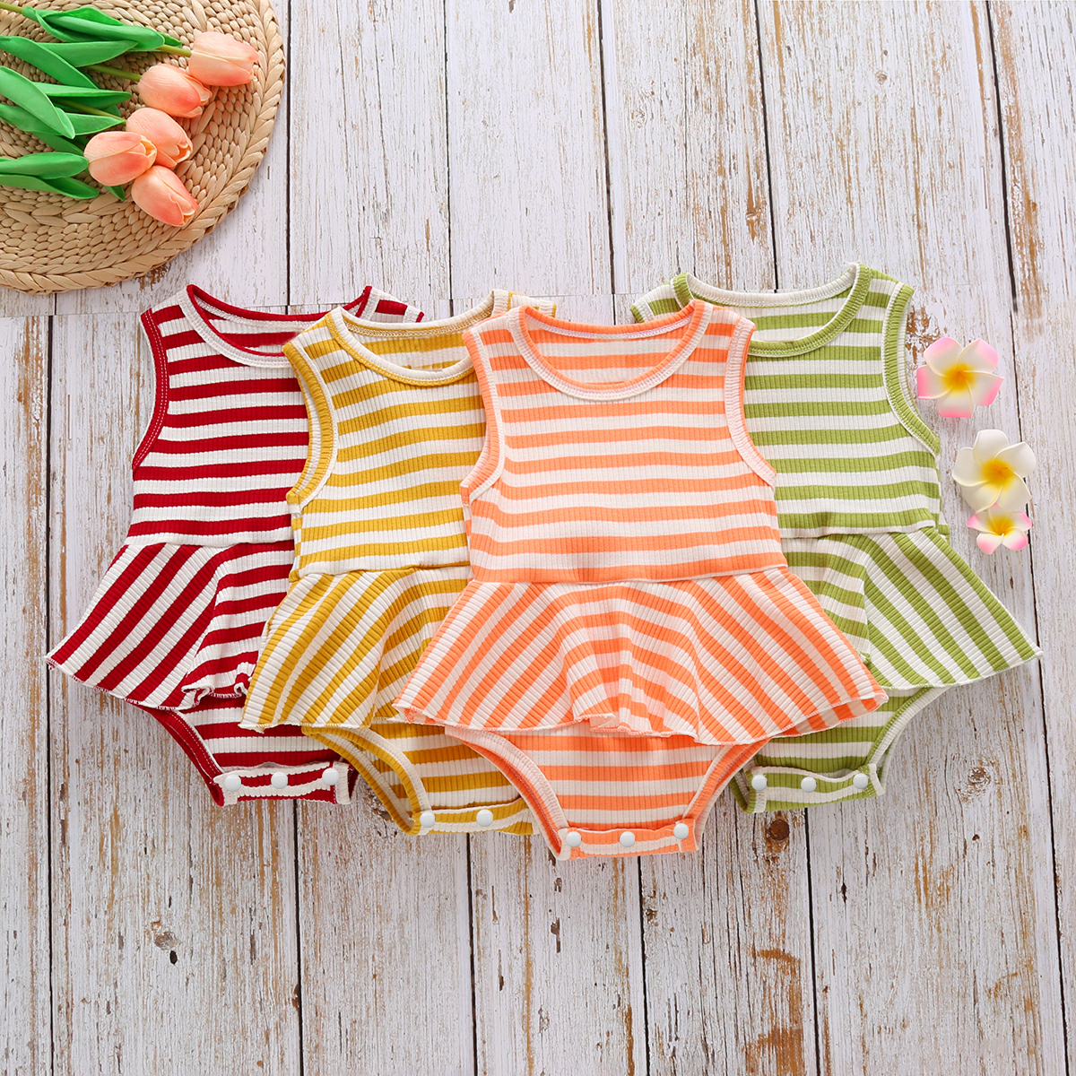 

Stripe Print Short-sleeve Baby Dress Romper