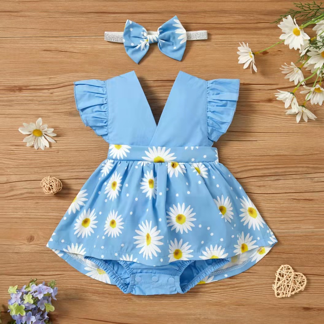 

2pcs Floral Print Flutter-sleeve Blue Baby Set