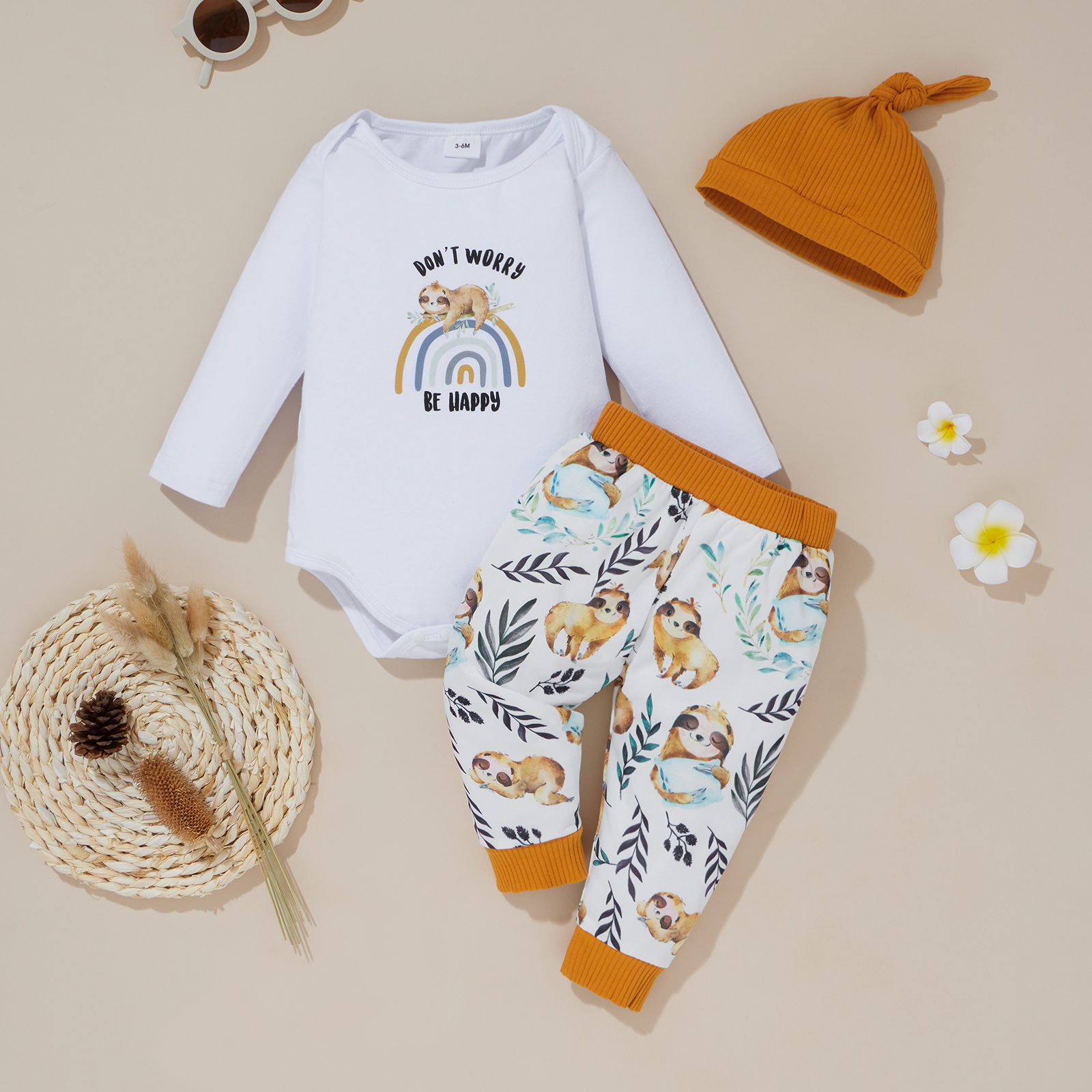 

Baby 3pcs Animal Sloth and Letter Print Long-sleeve Romper Set