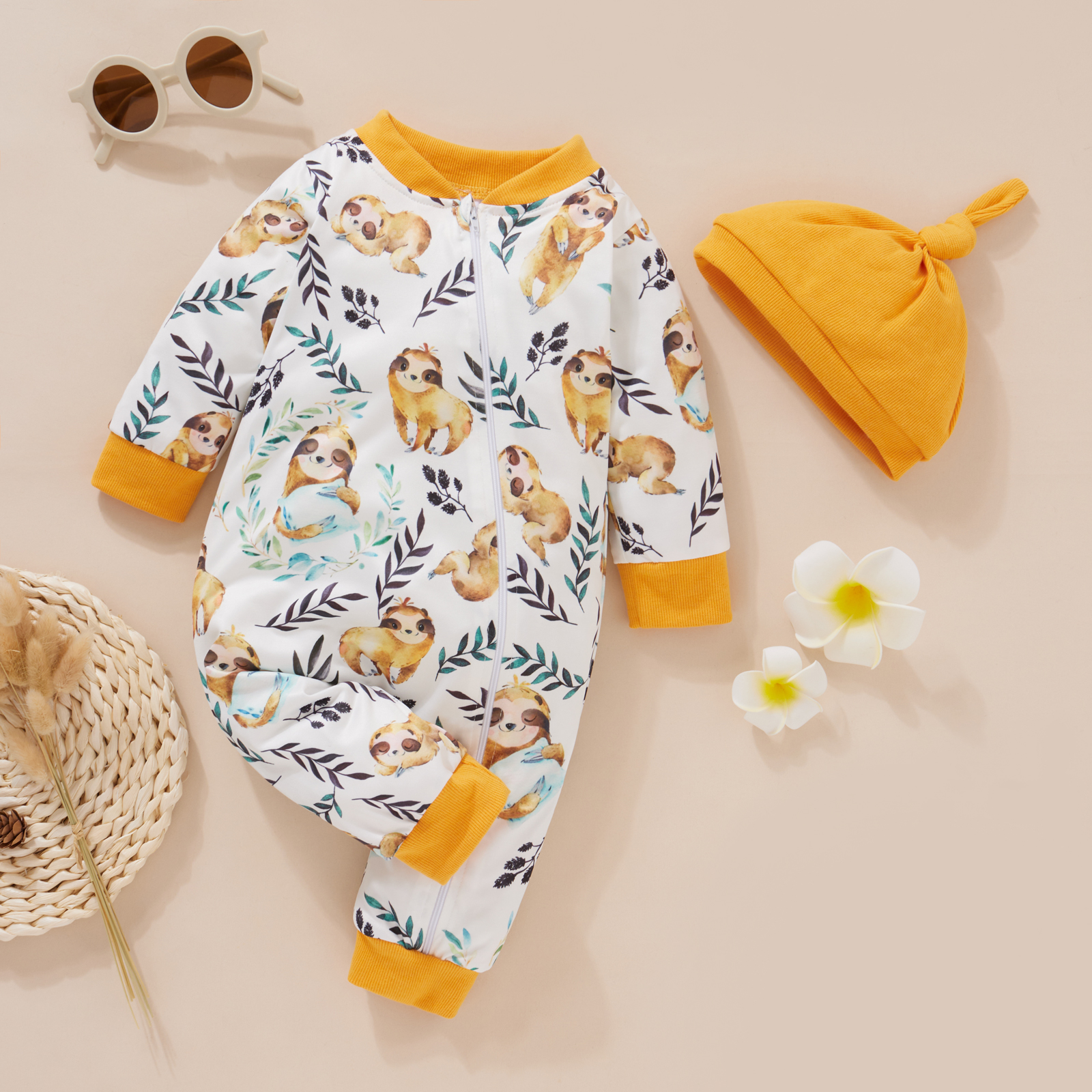 

2pcs Sloth and Plant Print Baby Cotton Long-sleeve Jumpsuit Set