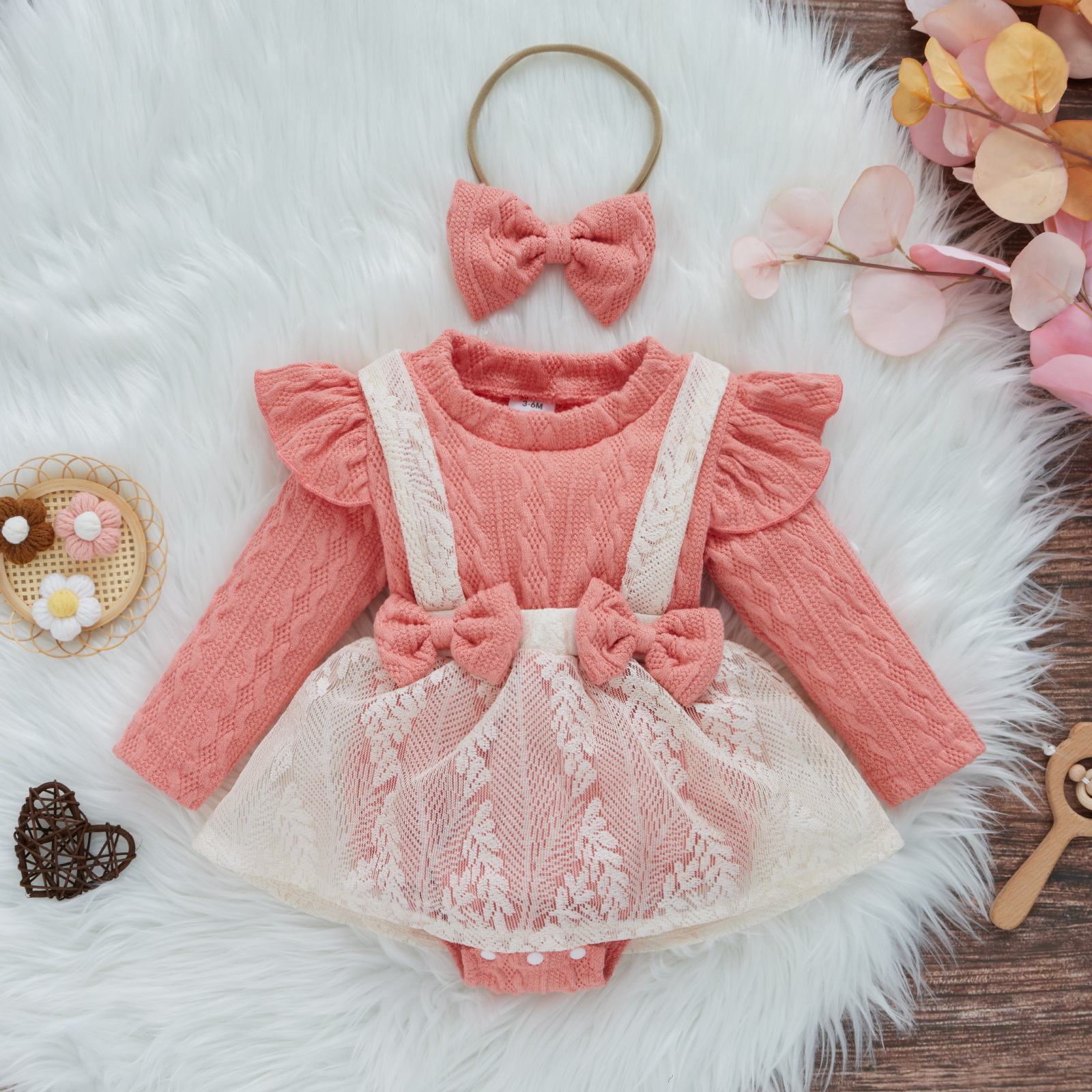 

2pcs Baby Pink Knitted Cotton Long-sleeve Bowknot Ruffle Romper Dress Set
