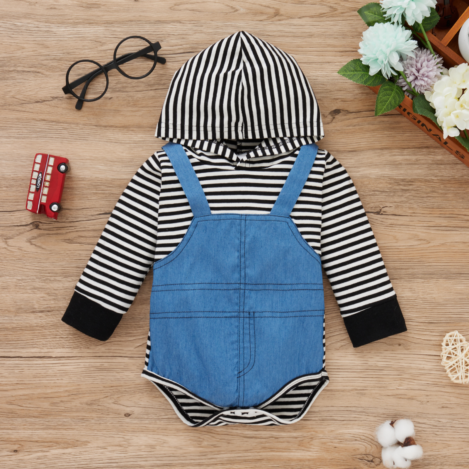 

Baby Blue Splicing Striped Long-sleeve Hooded Cotton Faux-two Romper