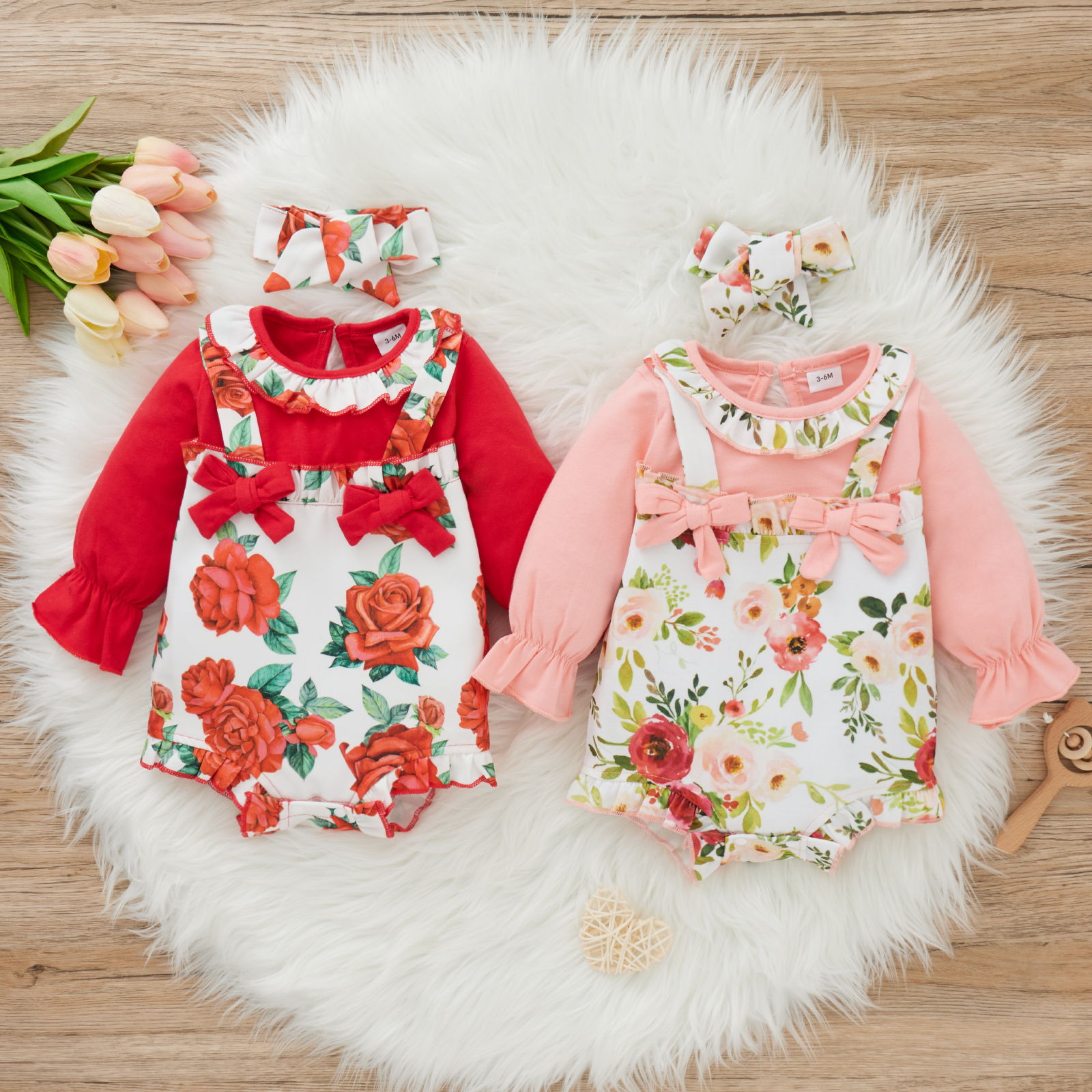 

2-piece Baby Girl Faux-two Floral Print Ruffled Bowknot Design Long-sleeve Romper and Headband Set