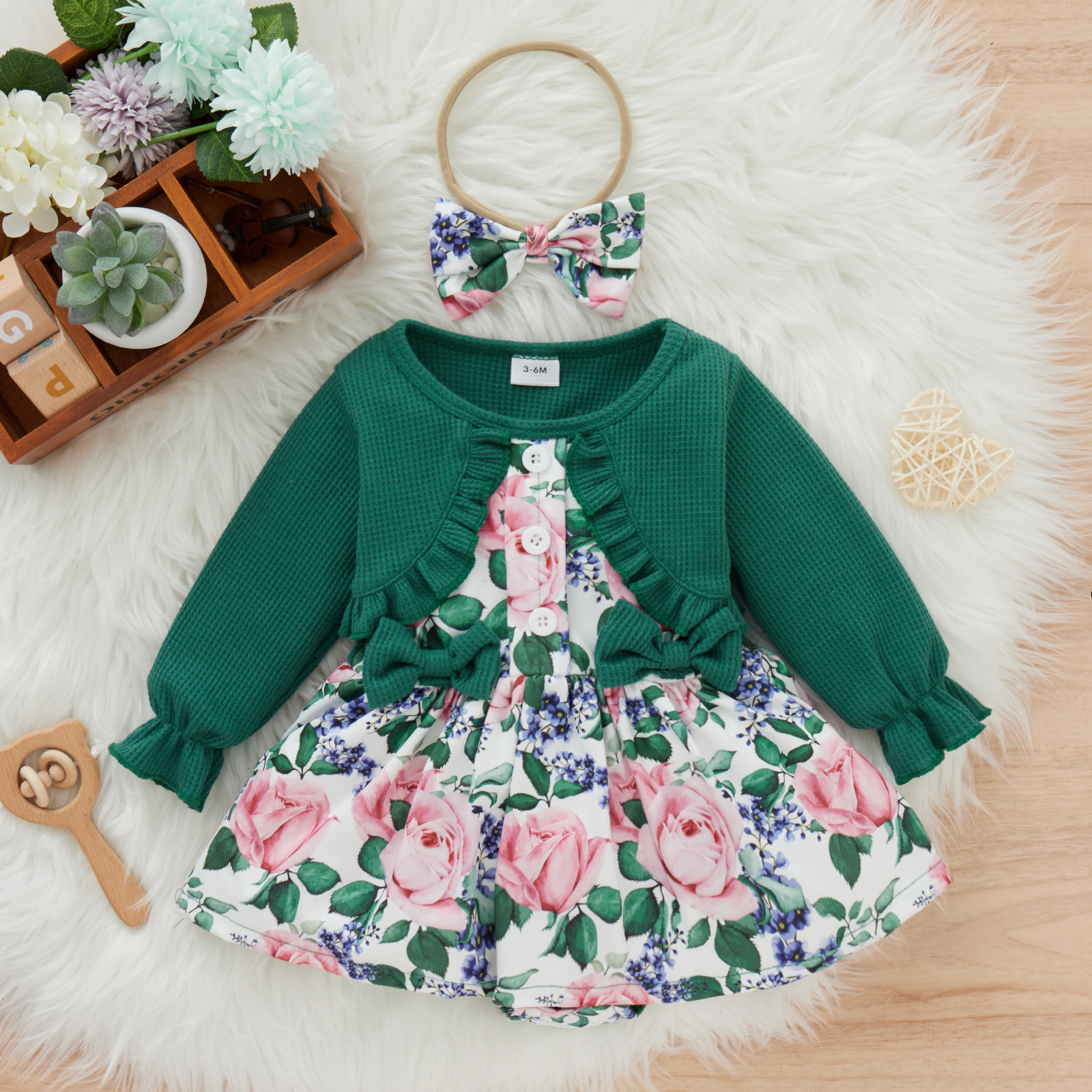 

2-piece Baby Girl Faux-two Ruffled Floral Print Long-sleeve Romper and Headband Set