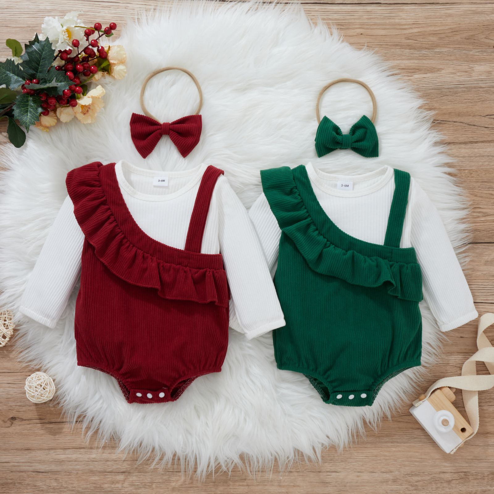 

2pcs Baby Girl Ribbed Long-sleeve Splicing Faux-two Ruffle Romper Set