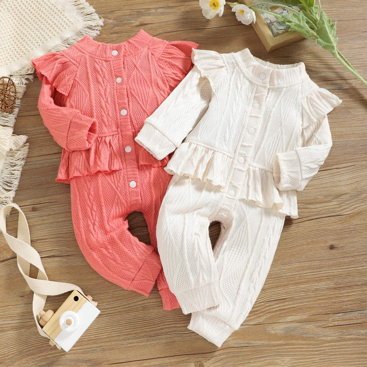 

Baby Girl Solid Knitted Long-sleeve Ruffle Snap-up Jumpsuit