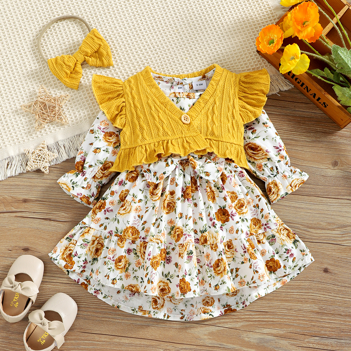 

3pcs Baby Girl Yellow Floral Print Long-sleeve Dress and Knitted Ruffle Vest Set