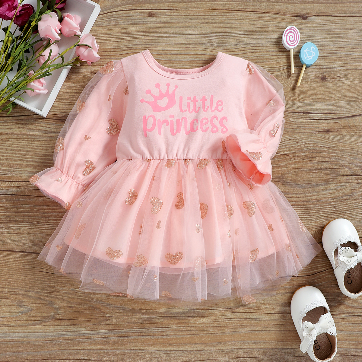 

Baby Girl Crown and Letter Print Glitter Love Heart Mesh Pink Long-sleeve Princess Dress