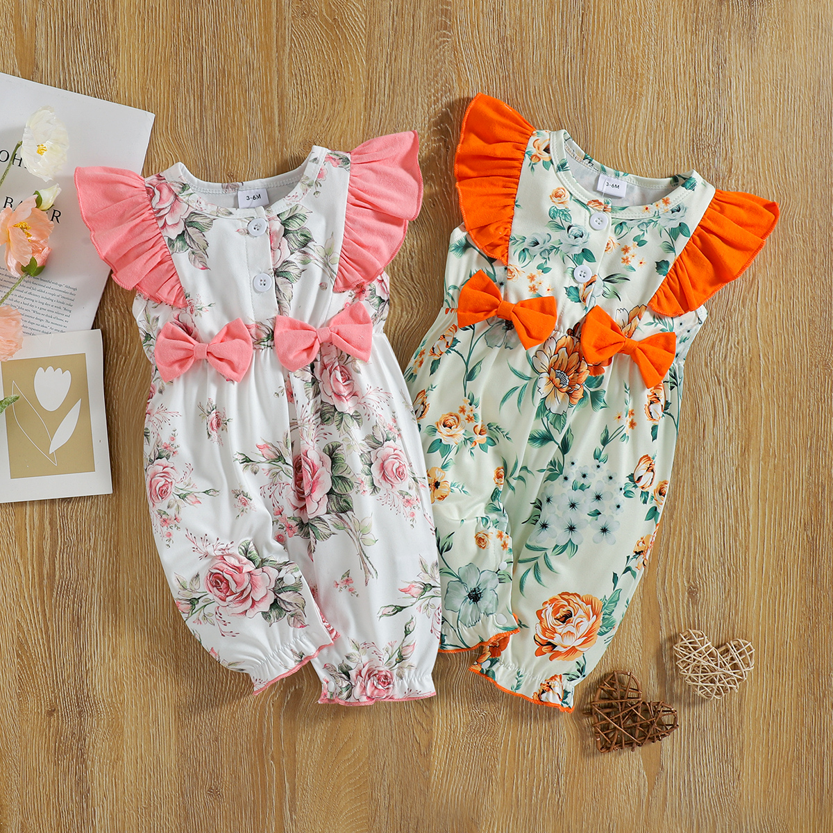 

Baby Girl All Over Floral Print Sleeveless Button Up Ruffle Bowknot Romper