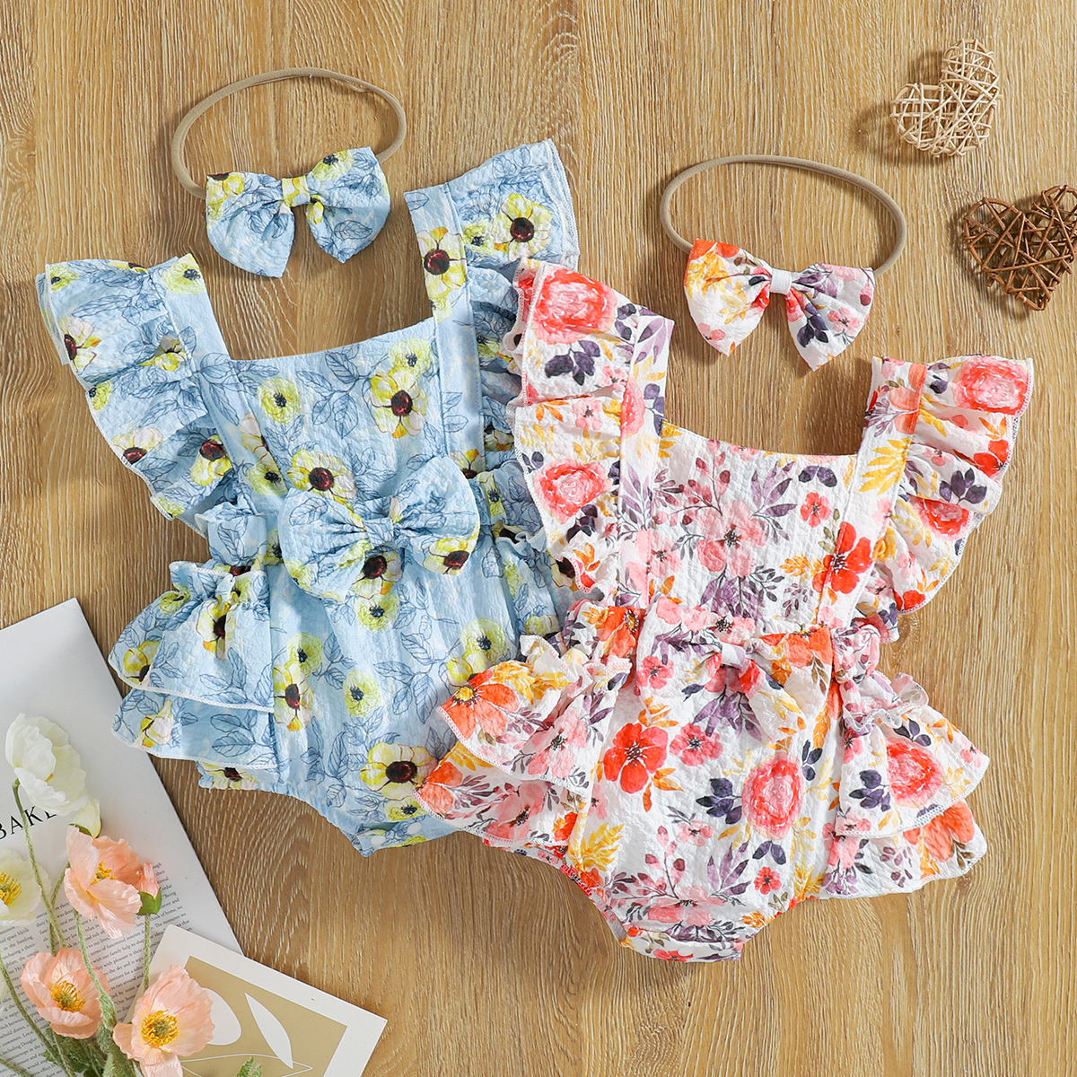 

2pcs Baby Girl Floral Print Square Neck Sleeveless Ruffle Bowknot Romper with Headband Set