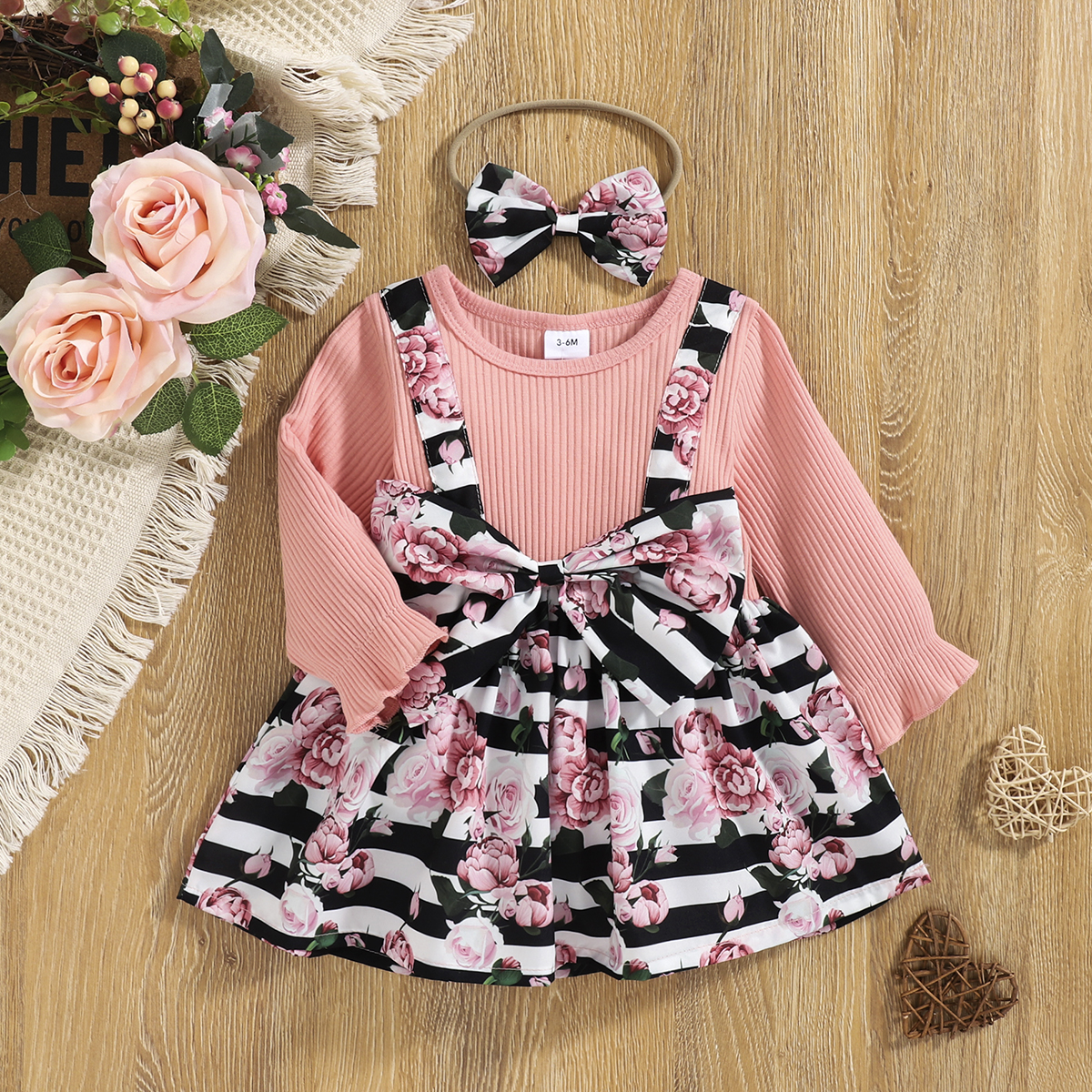 

2pcs Baby Girl Pink Ribbed Long-sleeve Splicing Floral Print Striped Bowknot Dress with Headband Set