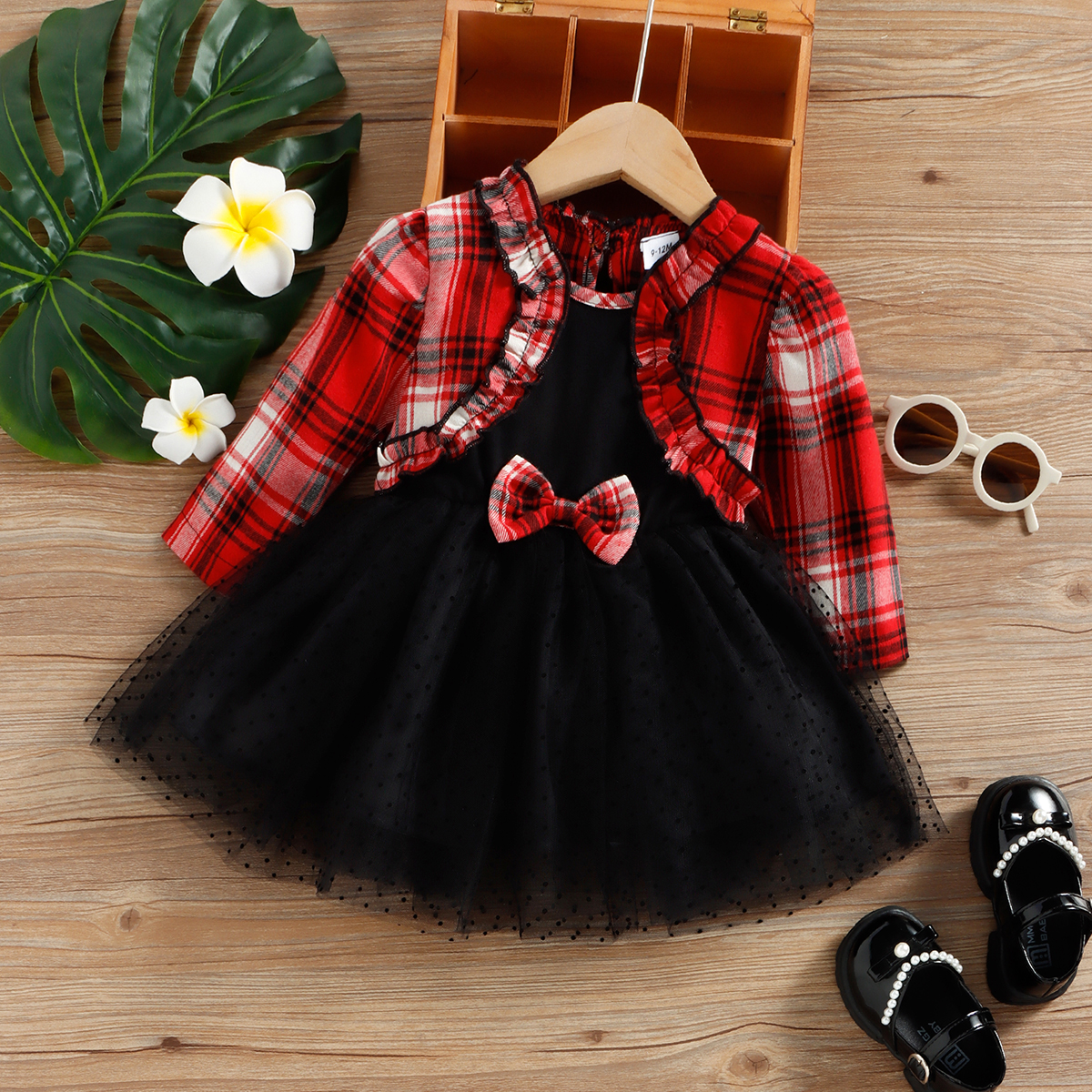 

2pcs Baby Girl Red Plaid Long-sleeve Ruffle Bowknot Faux-two Mesh Dress Set