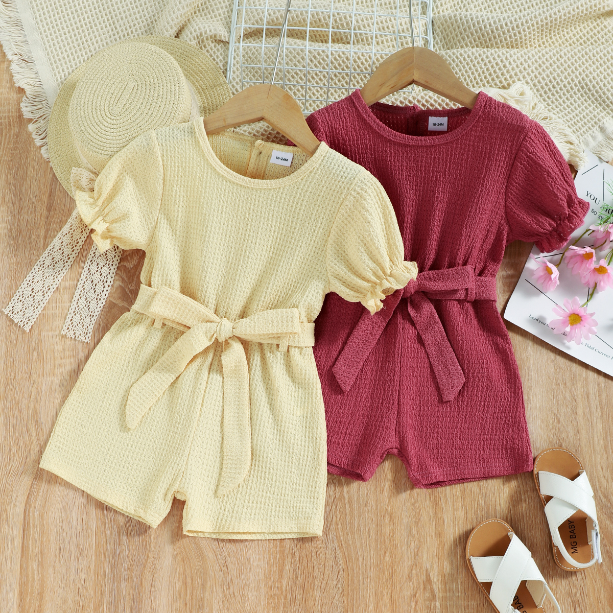 

Toddler Girl Solid Color Short Puff-sleeve Belted Romper