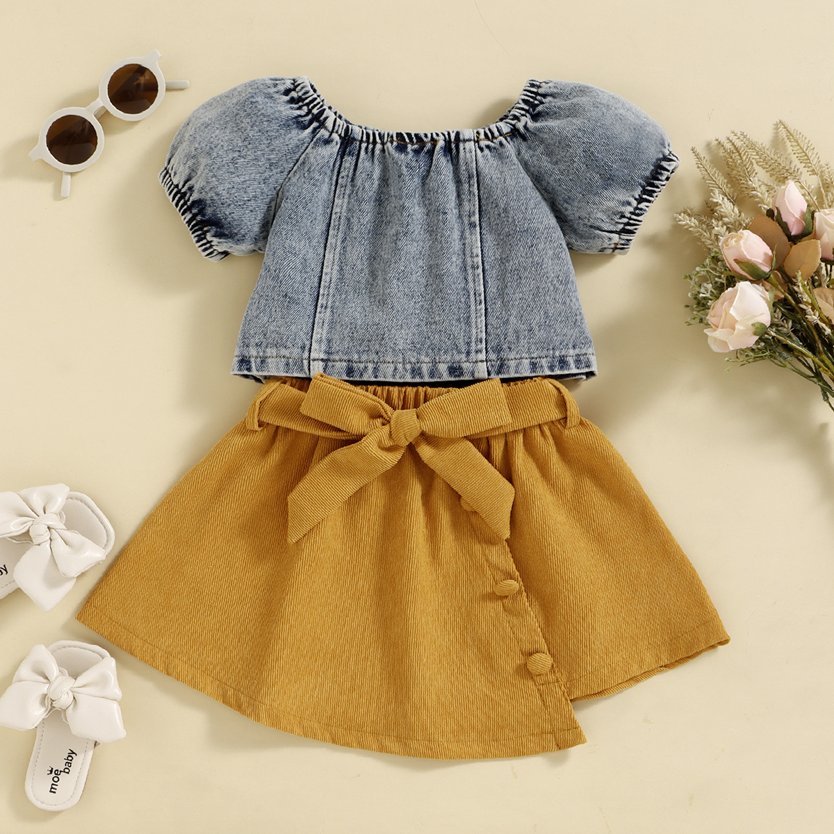

2pcs Toddler Girl Square Neck Denim Short-sleeve Tee and Irregular Hem Belted Skirt Set