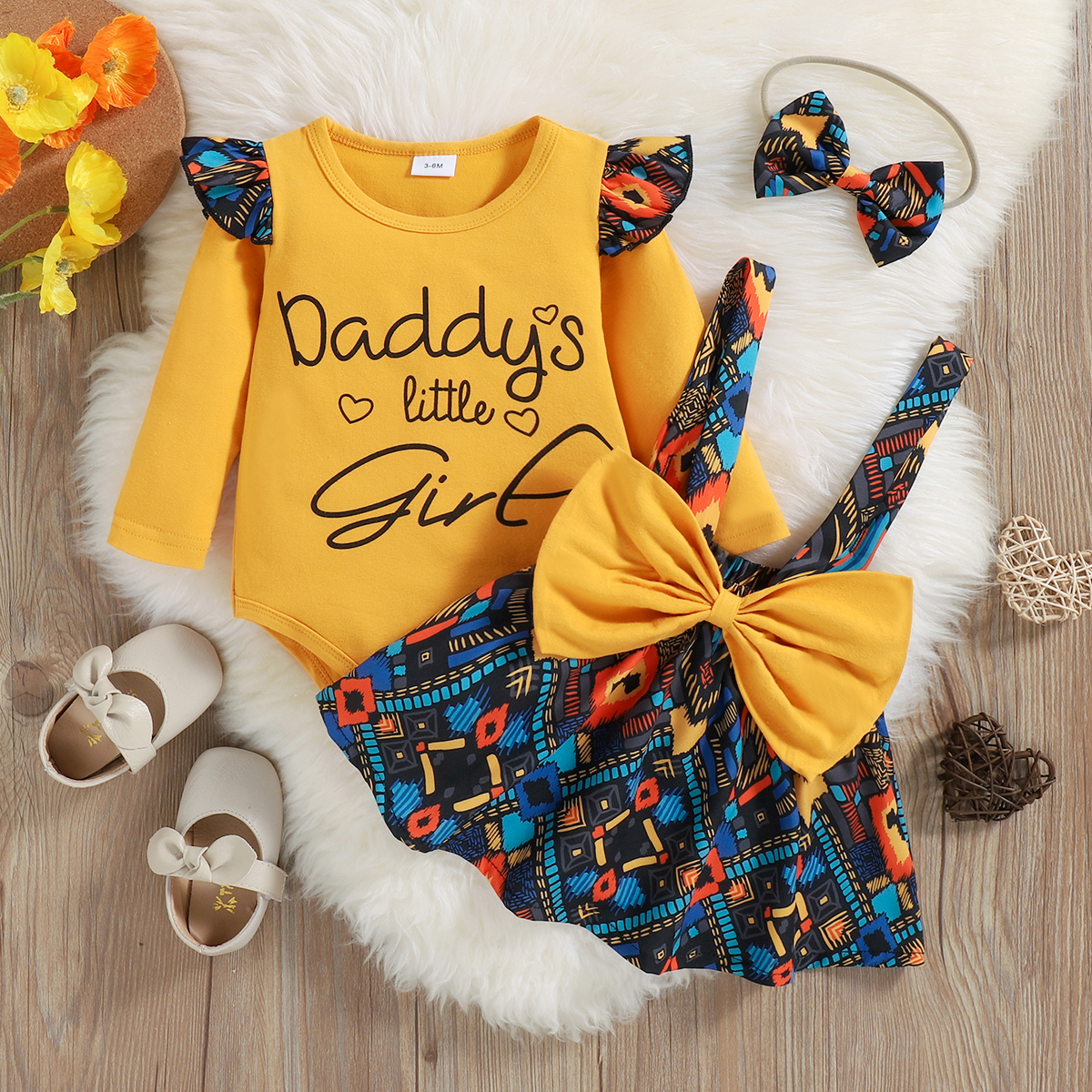 

3pcs Baby Girl Long-sleeve Letter Print Romper and Bow Front Boho Suspender Skirt with Headband Set