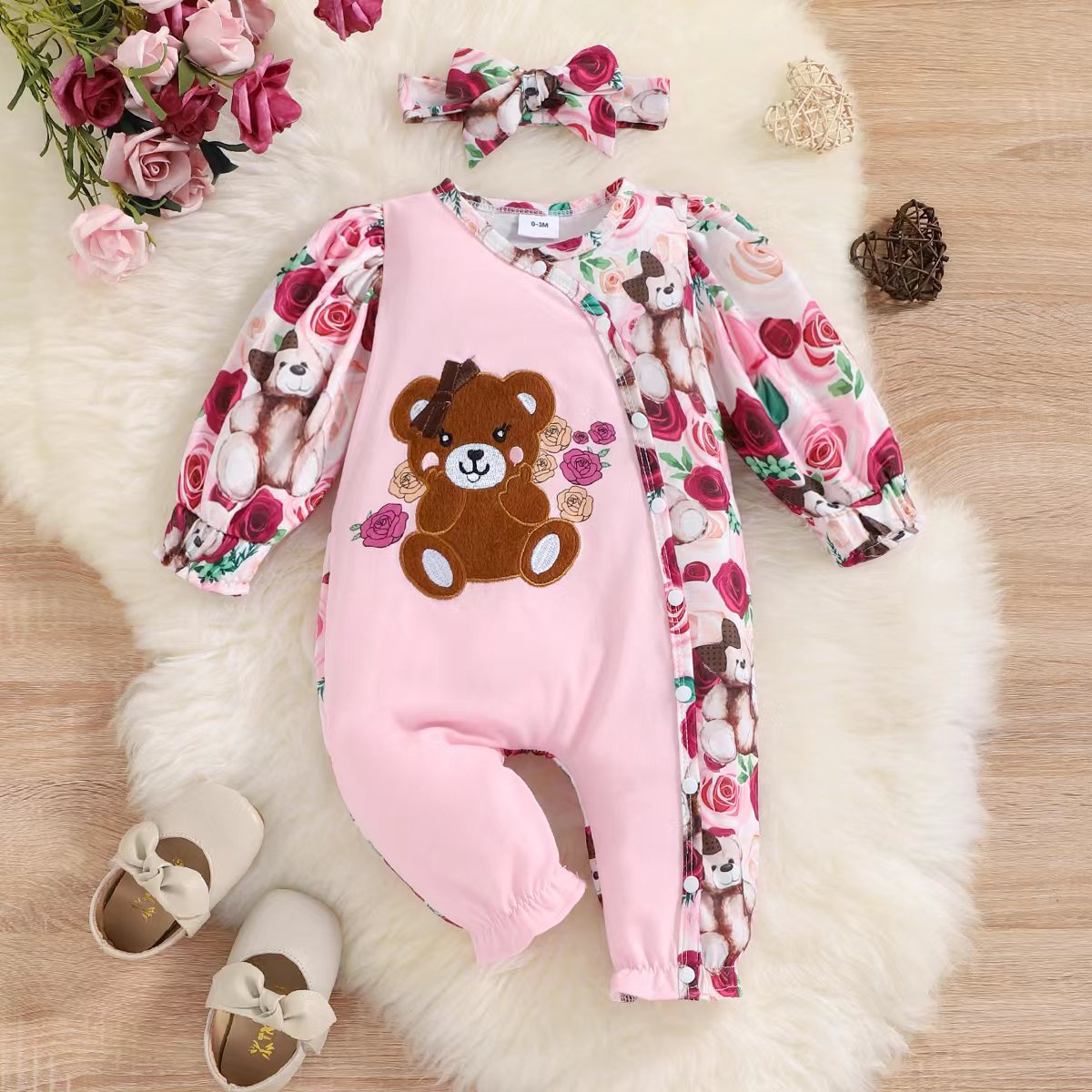 

2pcs Baby Girl Bear Embroidered Spliced Floral Print Long-sleeve Jumpsuit with Headband Set