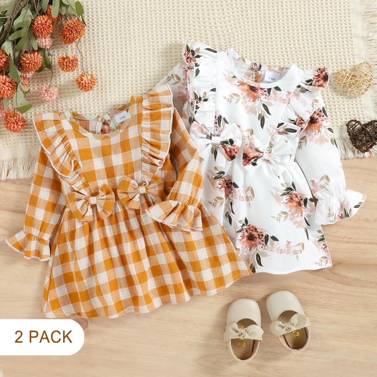 

2-Pack Baby Girl Ruffle Trim Bowknot Decor Long-sleeve Plaid and Floral Print Dresses Set