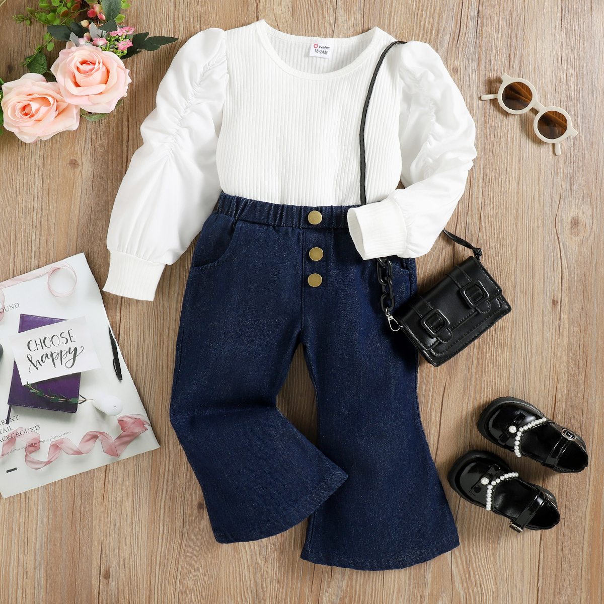 

2pcs Toddler Girl Flared Denim Jeans and Puff-sleeve White Tee Set