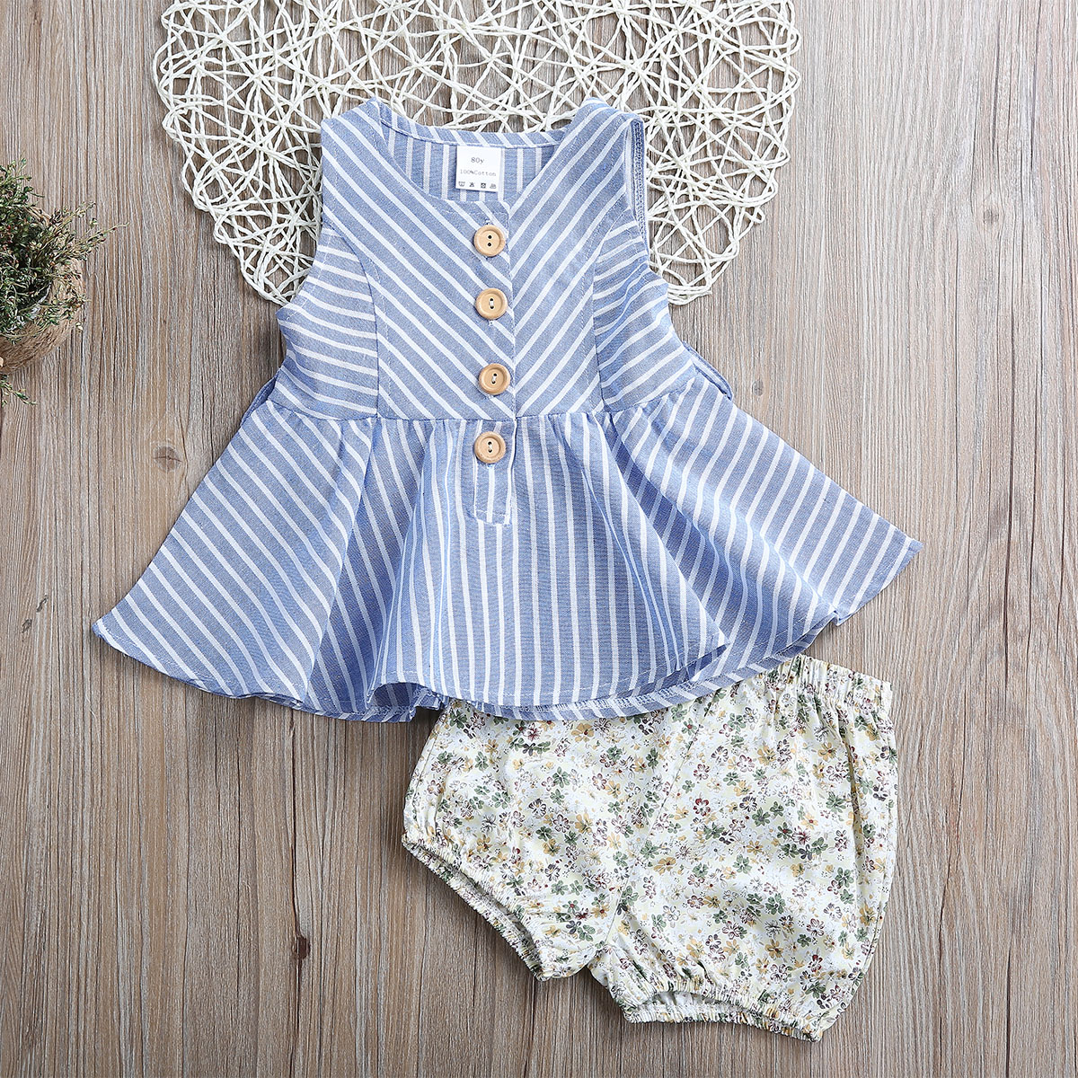 

2019 Baby / Toddler Striped Sleeveless Top and Floral Print Shorts Set