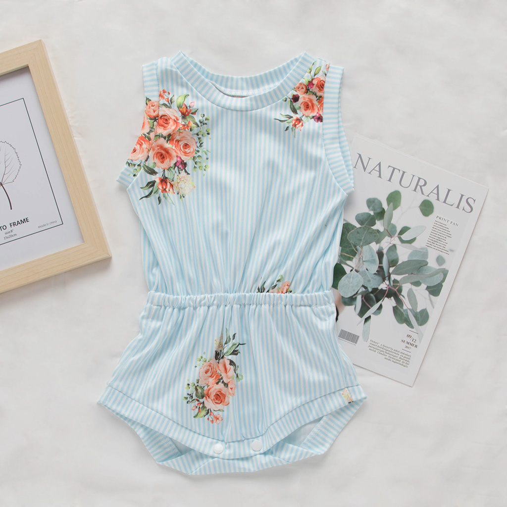 

Baby Floral Print Sleeveless Striped Bodysuit