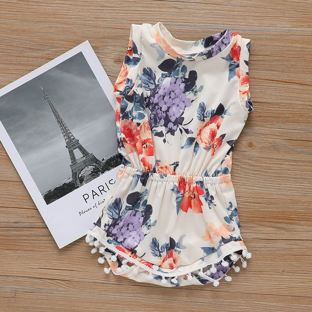 

Baby Pompon Decor Floral Print Bodysuit