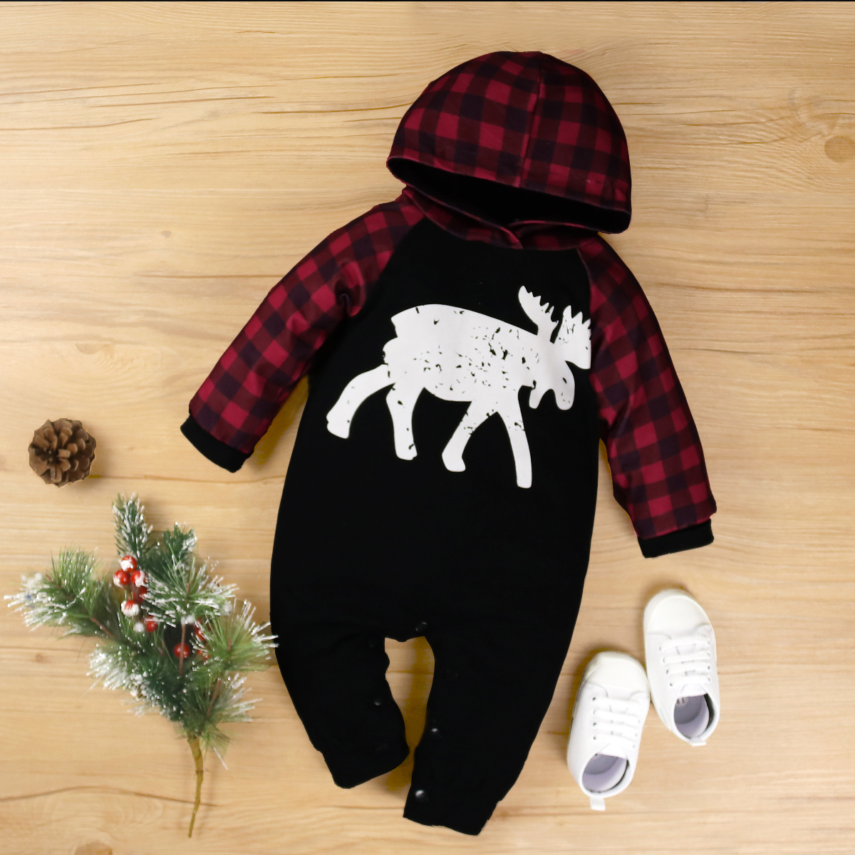 

Baby Elk Plaid Hooded Jumpsuit