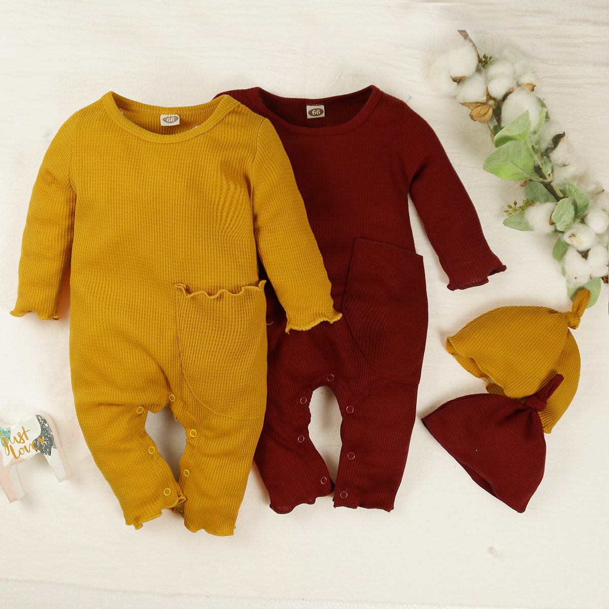 

2-piece Baby Solid Pocket Jumpsuit with Hat