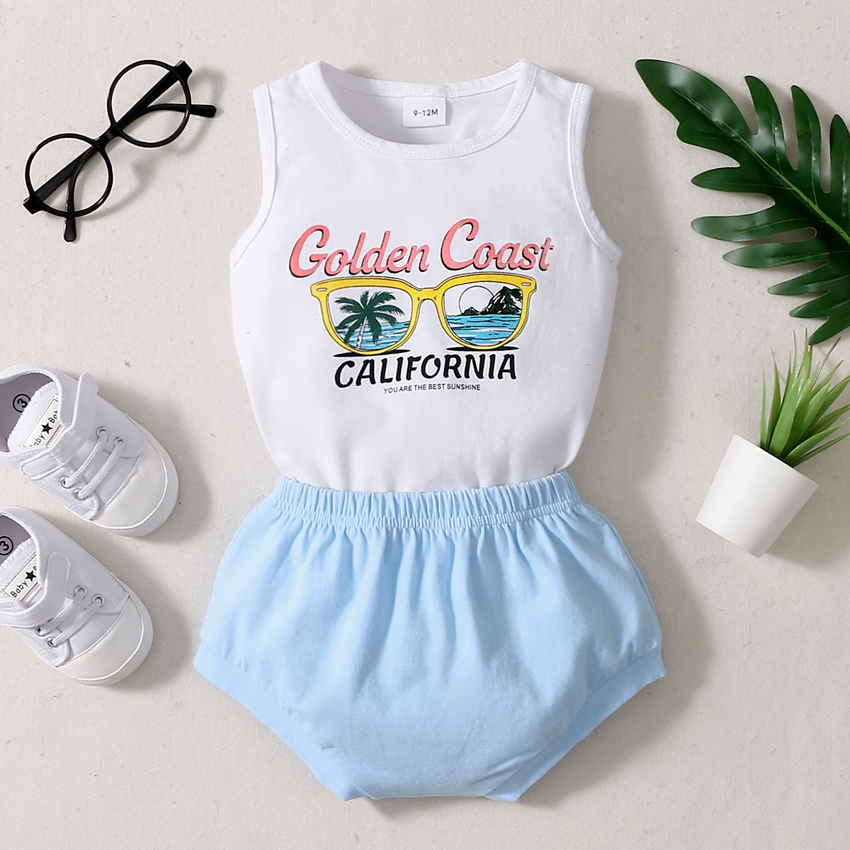 

2pcs Letter and Glasses Pattern Sleeveless Baby Set