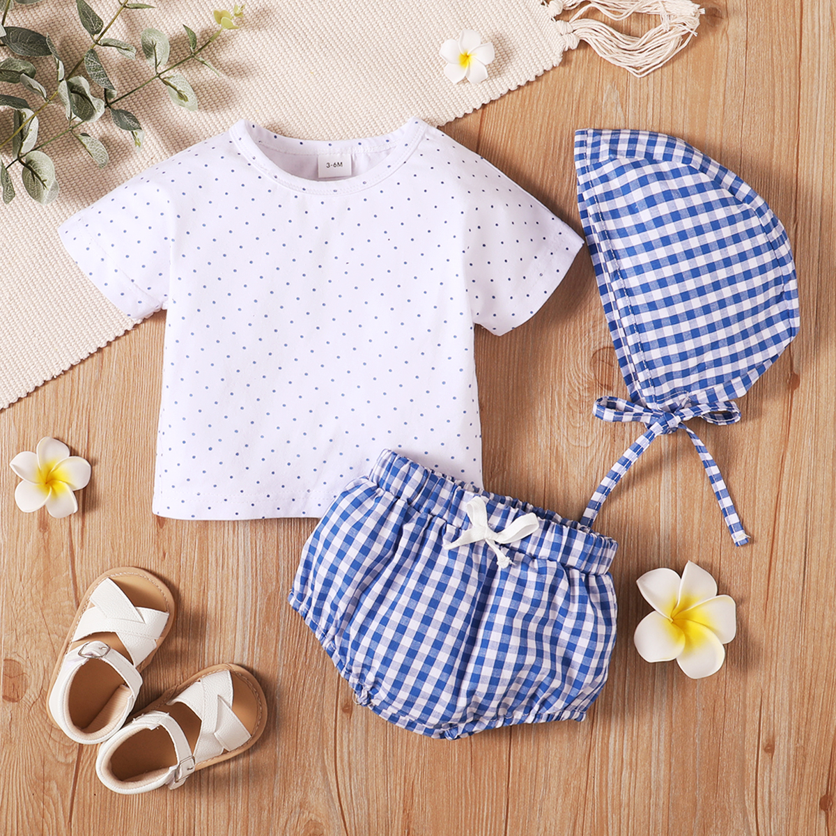 

100% Cotton 3pcs Dots and Plaid Short-sleeve Baby Set