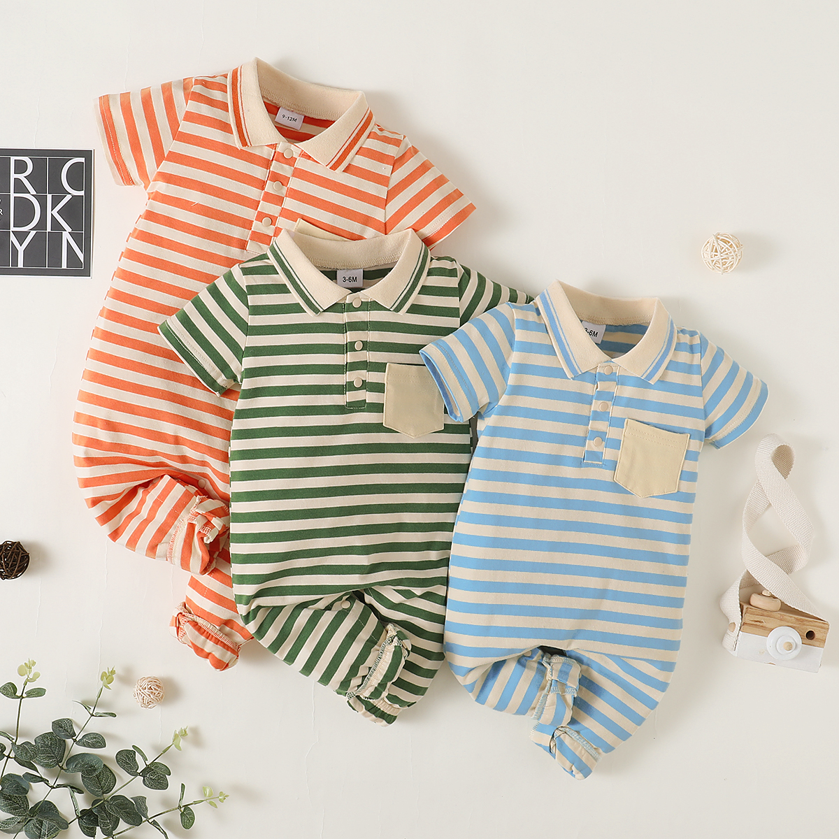 

Polo Collar Short-sleeve Striped Baby Jumpsuit