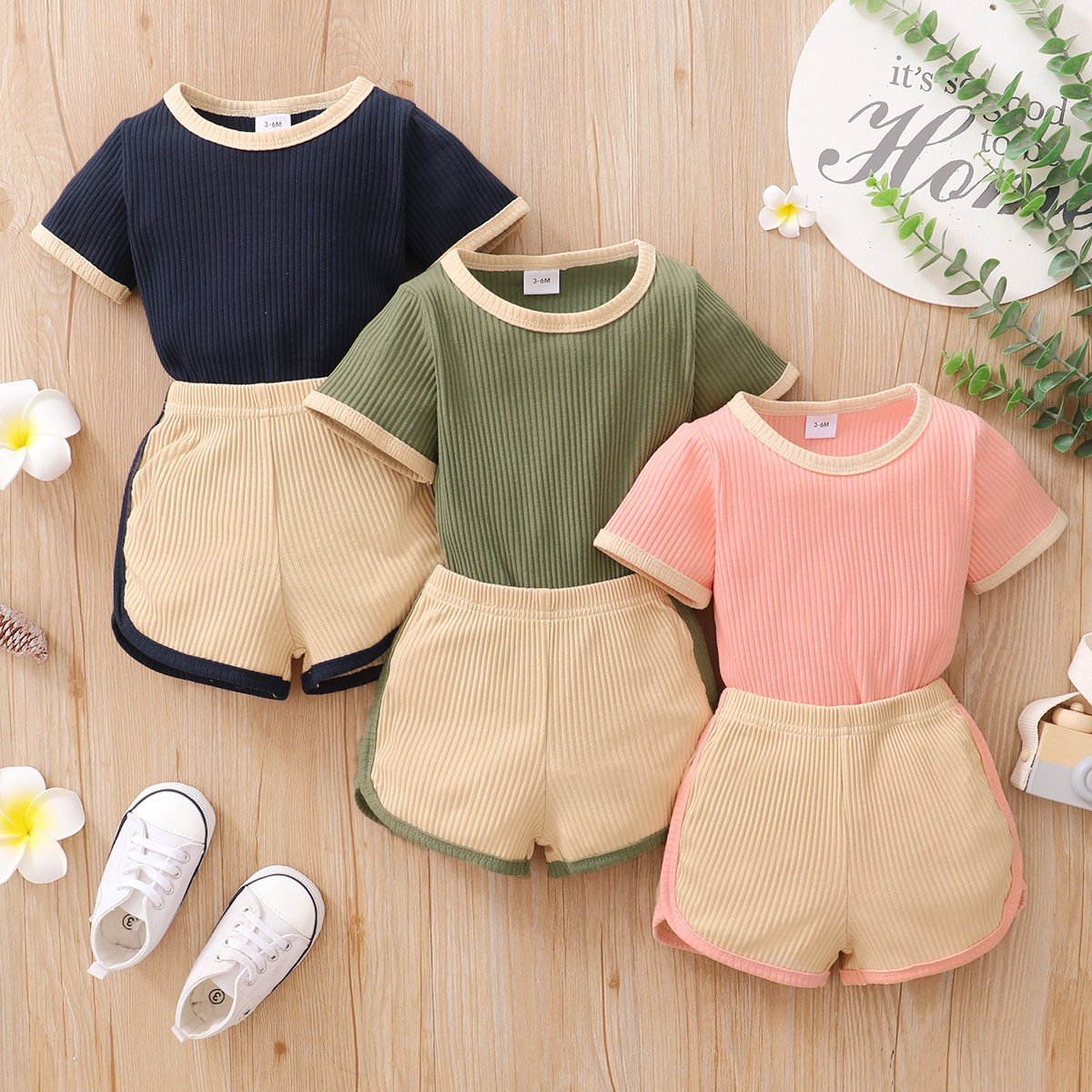 

Ribbed 2pcs Solid Splice Short-sleeve Baby Set