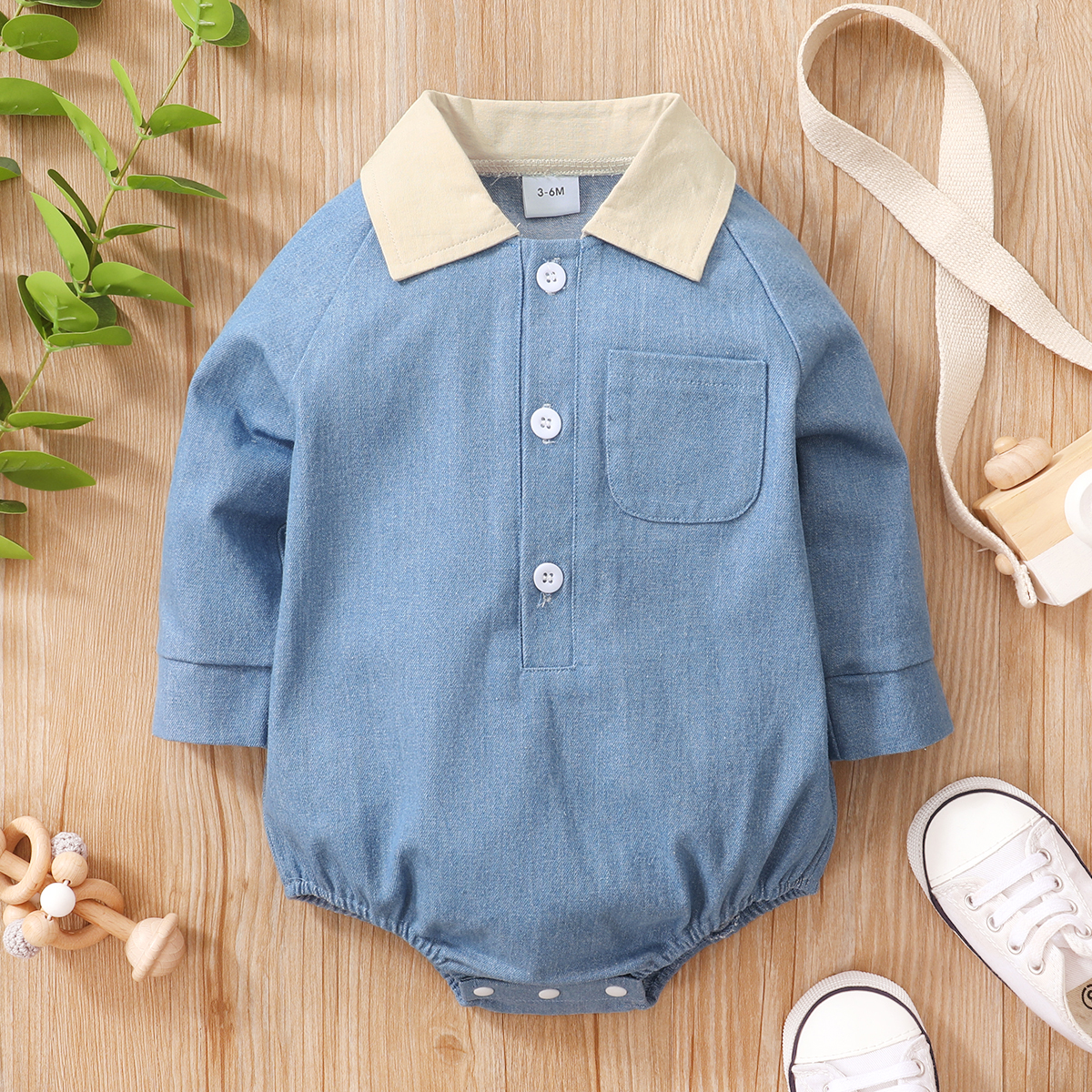 

Solid Blue Denim Lapel Collar Long-sleeve Baby Romper
