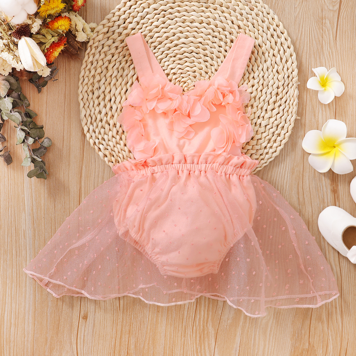 

3D Floral Pink Organza Sleeveless Baby Suspender Romper Dress