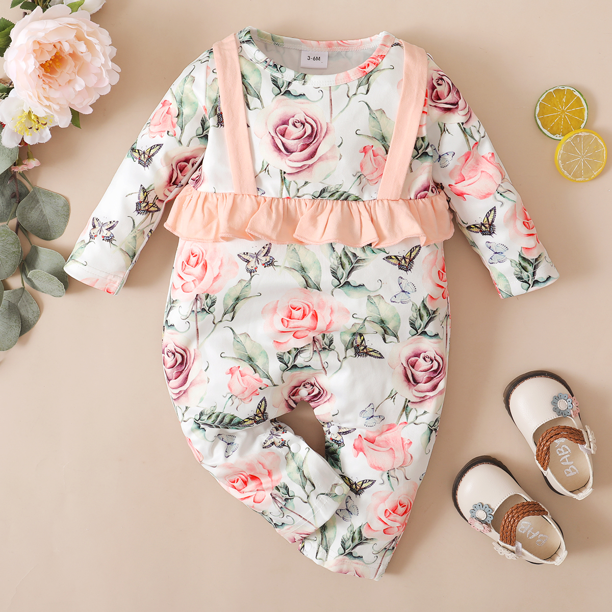 

Rose Floral Print Pink Ruffle Long-sleeve Baby Jumpsuit
