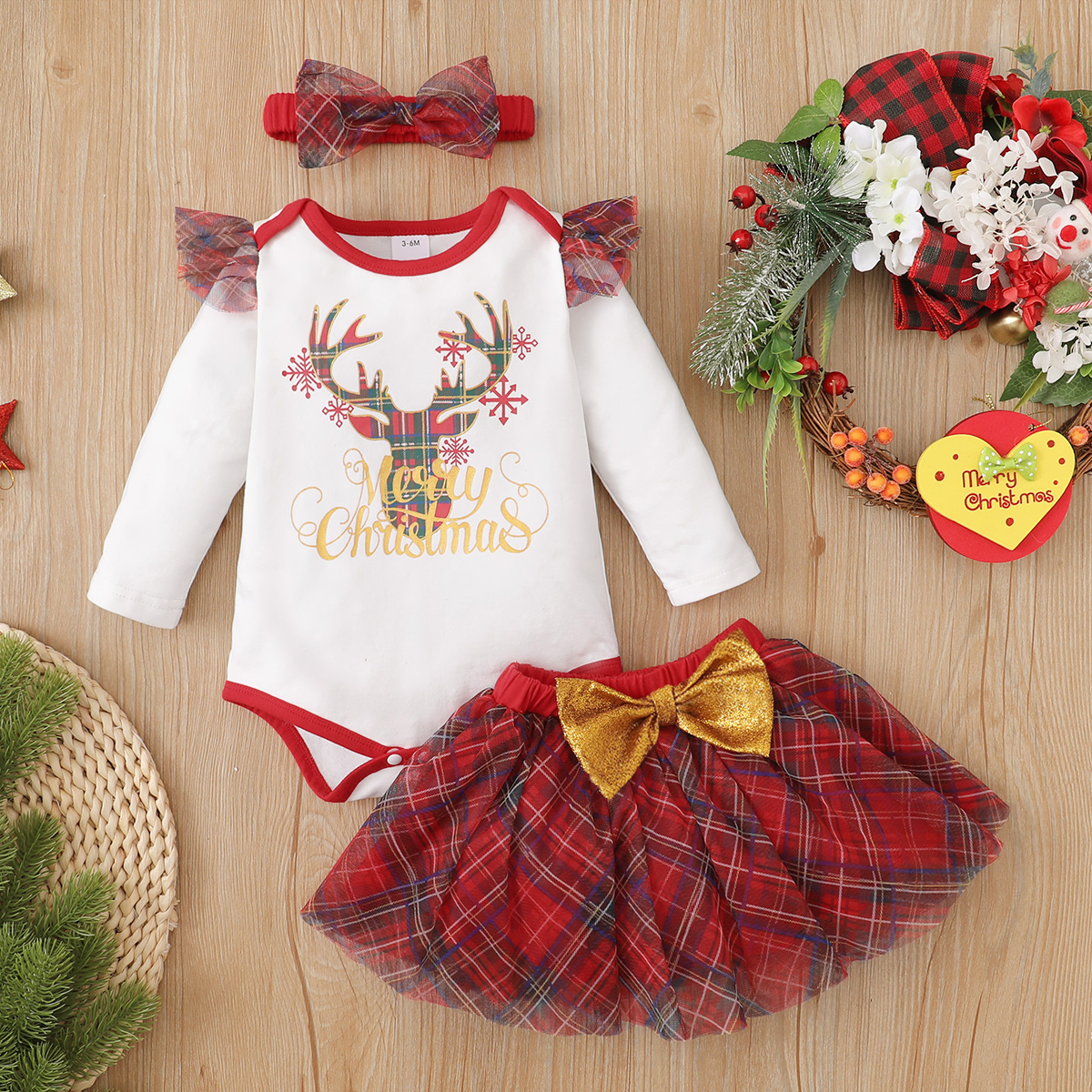

3pcs Baby Christmas Red Plaid Deer and Letter Print Long-sleeve Romper and Mesh Mini Skirt Set