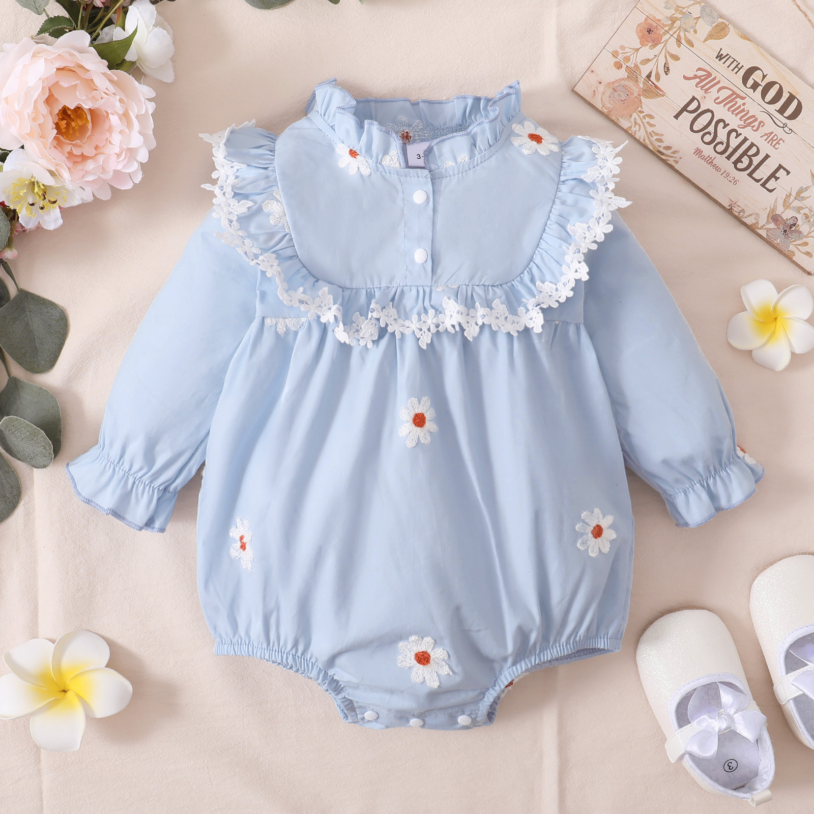 

100% Cotton Floral Embroidered Blue Baby Ruffle Long-sleeve Romper