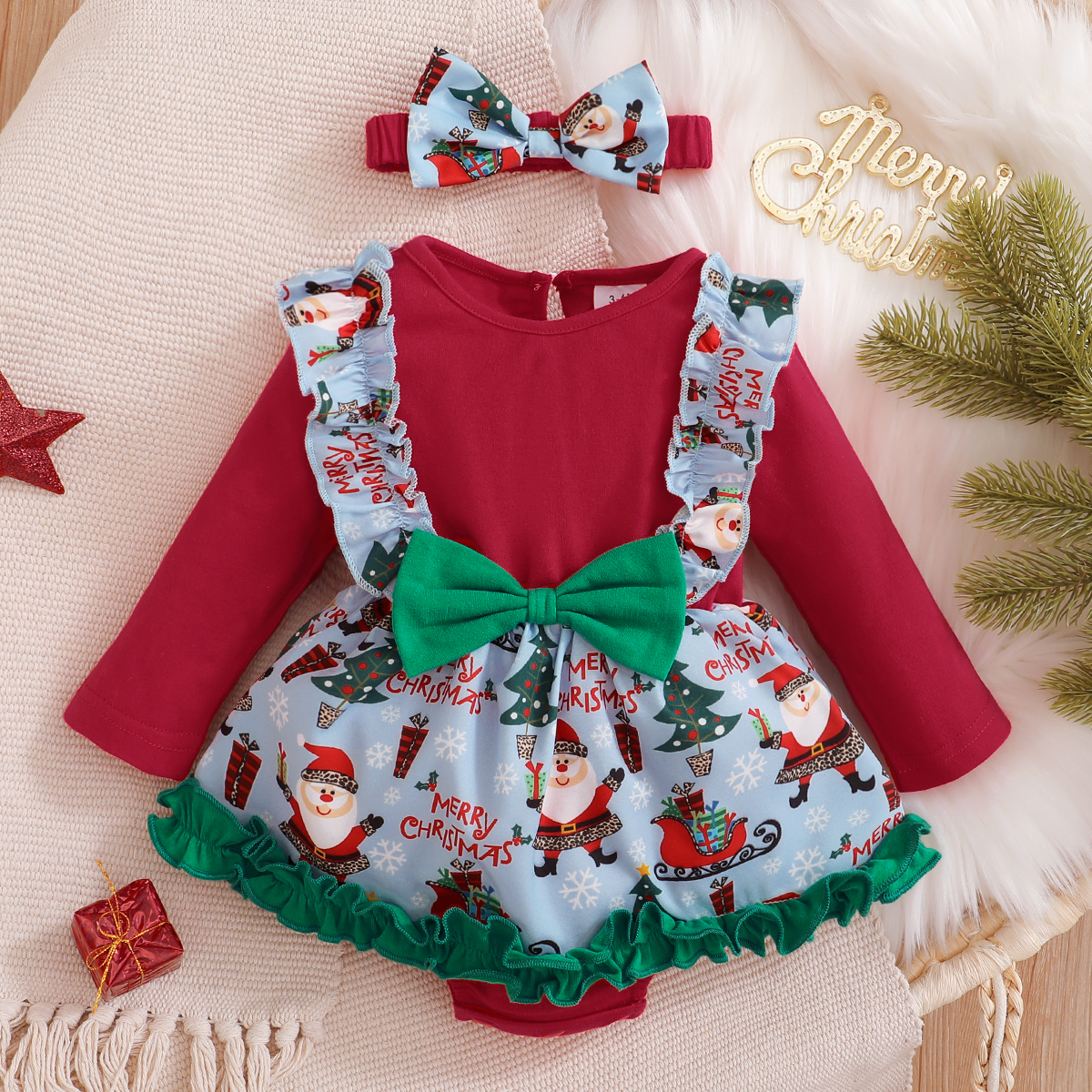

Christmas 2pcs Santa Print Ruffle Long-sleeve Baby Romper Dress Set