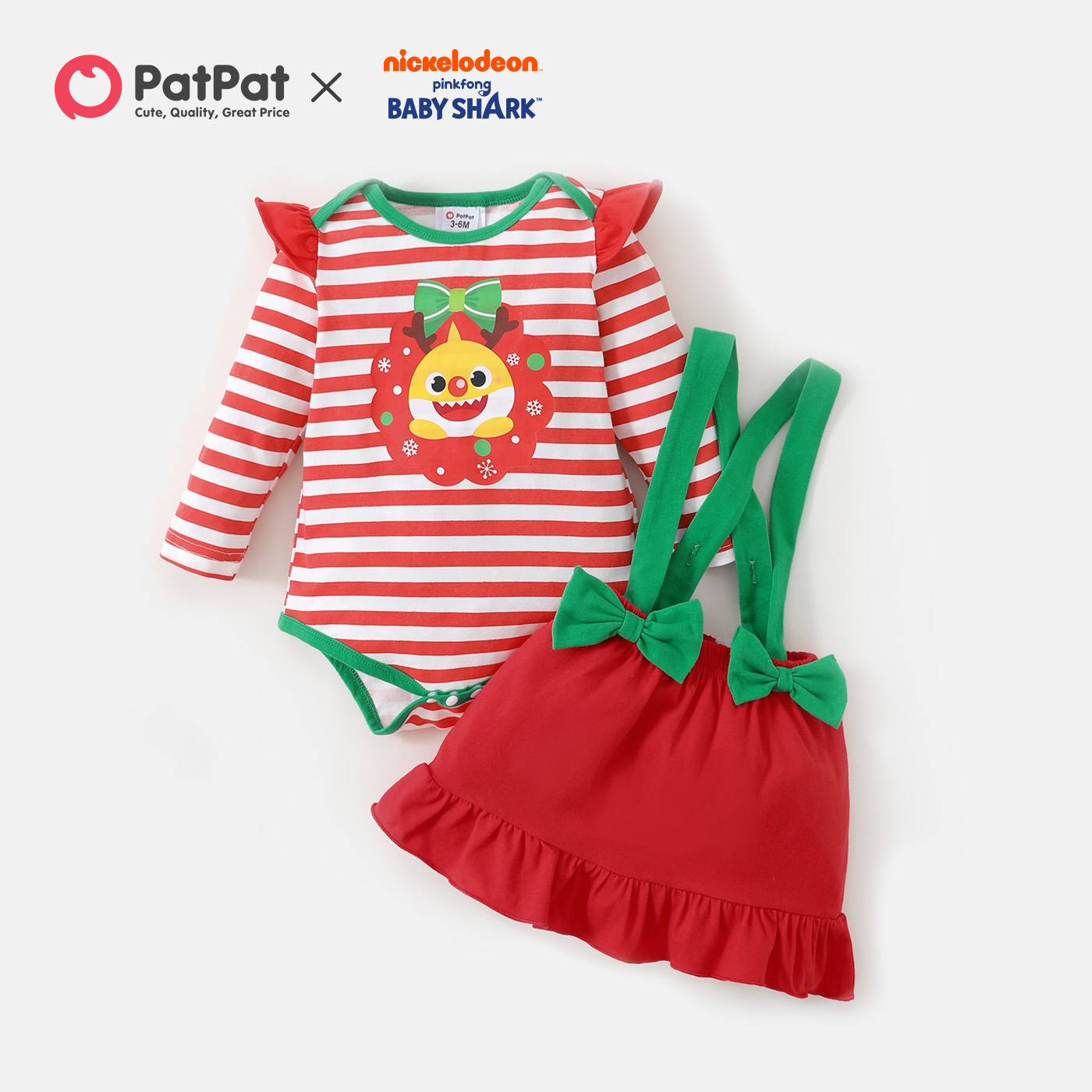 

Baby Shark 2-piece Baby Girl Christmas Cotton Stripe Bodysuit and Solid Skirt Set