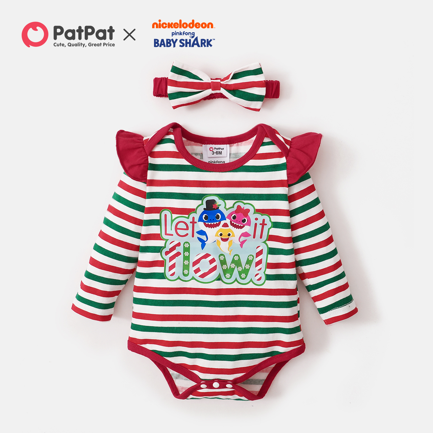 

Baby Shark 2-piece Baby Girl Cotton Stripe Christmas Bodysuit with Headband
