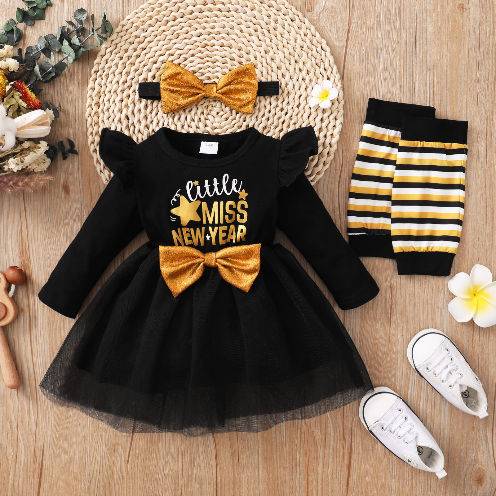 

New Year 3pcs Baby Girl Star and Letter Print Black Long-sleeve Mesh Dress Set