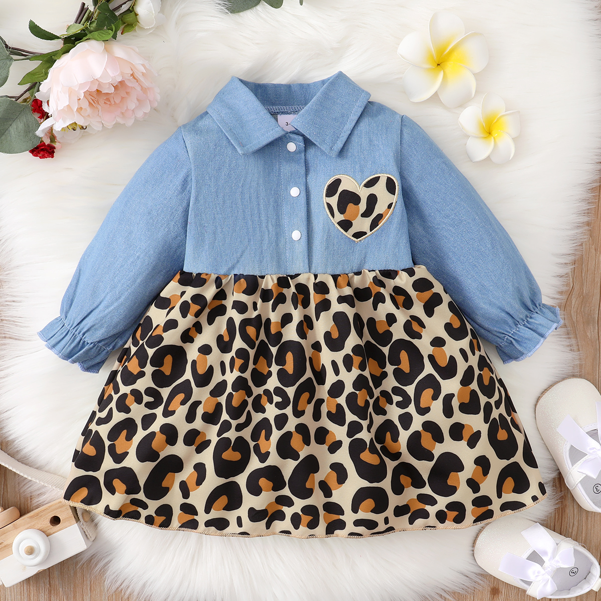 

Leopard Splicing Blue Denim Lapel Long-sleeve Baby Dress