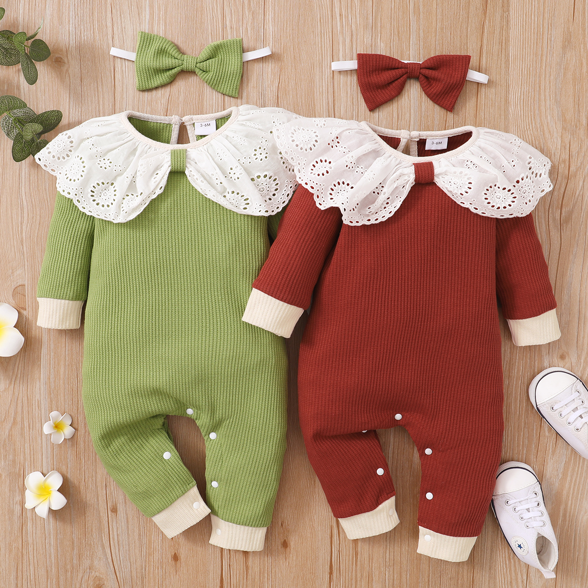 

2-piece Baby Girl Schiffy Design Collar Waffle Long-sleeve Jumpsuit and Headband Set