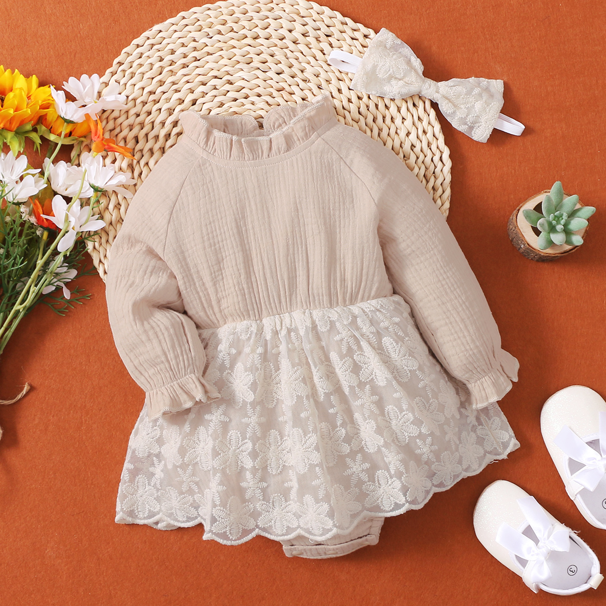 

2-piece Baby Girl 100% Cotton Ruffle Collar Floral Embroidered Mesh Skirt Long-sleeve Romper and Headband Set