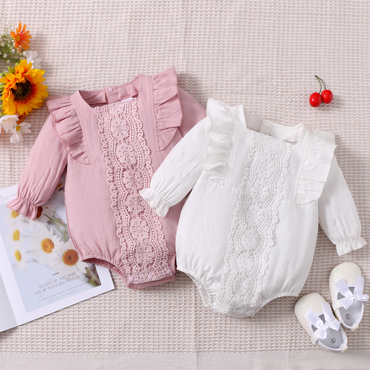 

Baby Girl 100% Cotton Lace Design Ruffled Solid Color Long-sleeve Romper
