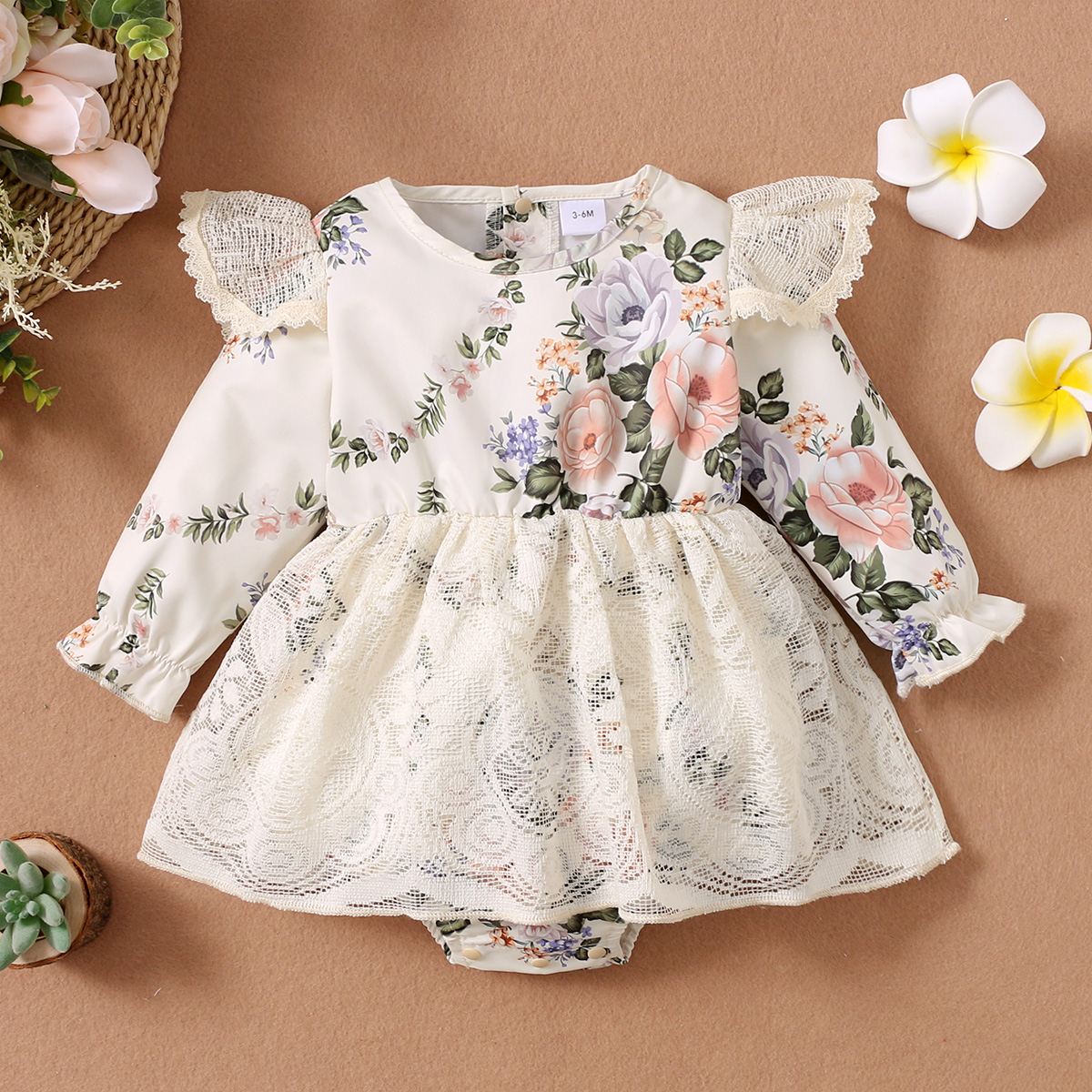 

Baby Girl Floral Print Lace Design Skirt Long-sleeve Romper