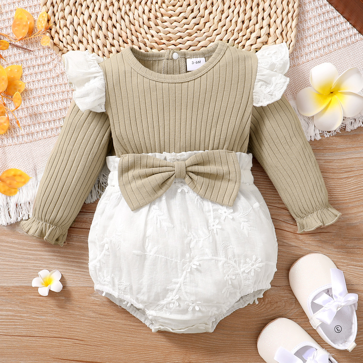

100% Cotton Baby Girl Solid Ribbed Bowknot Long-sleeve Splicing Romper