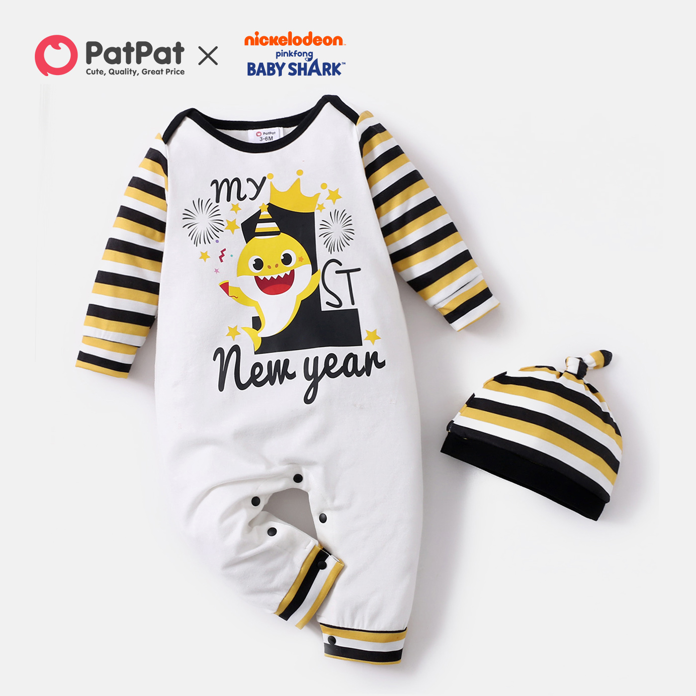 

Baby Shark 2-piece Baby Boy Happy New Year Stripe Jumpsuit with Hat