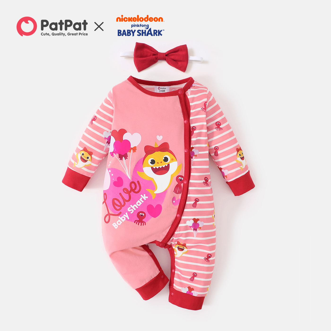 

Baby Shark Baby Girl Heart and Stripe Long-sleeve Jumpsuit