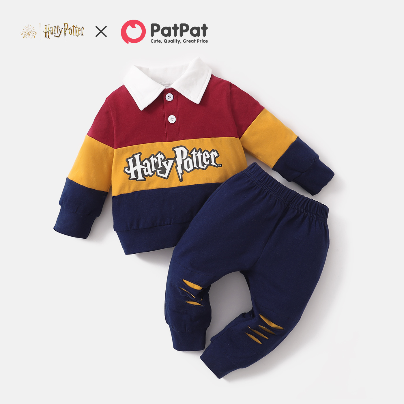 

Harry Potter 2pcs Baby Boy Colorblock Long-sleeve Lapel Sweatshirt and Solid Trousers Set